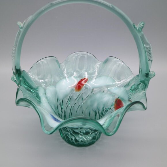 Vintage Hand Blown Art Glass Basket Large Blown Glass Decor Red White Spotted 8" - Picture 2 of 8